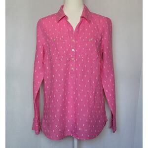 Talbots Hot Pink Dot Linen Blend Quarter Button Womens Long Sleeve Shirt Size: M